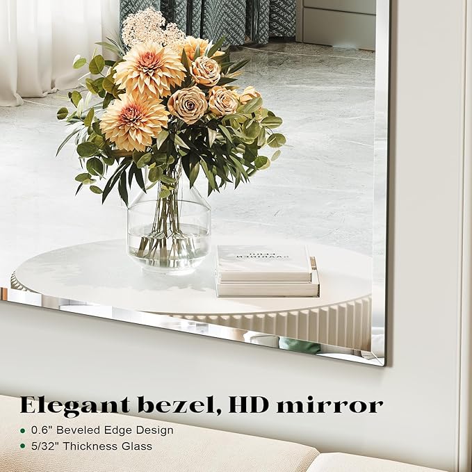 48"x32" Frameless Beveled Bathroom Wall Mirror, Frameless Bathroom Wall Mirror Over Sink, Large Vanity Mirrors for Entryway, Bedroom, Living Room, Hangs Horizontally or Vertically