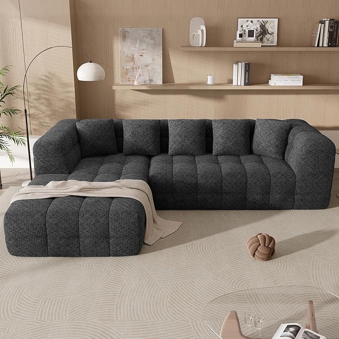 107" Modern Boneless Couch with L - Shaped Chaise, Comfy Chenille Modular Sectional Sofa with Tufted Design, Deep Seat Upholstered Sofa Bed, No - Assembly Sectional Couch, Black