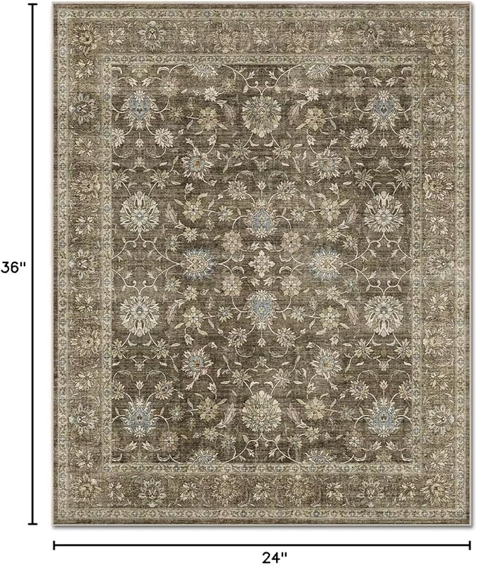 Washable 2x3 Entryway Rug, Boho Non-Slip Door Mat Vintage Distress Small Rugs for Kitchen Nursery Office Bedroom, 0.3" Neutral Oriental Throw Carpet with Cushioning Pad, Tan/Flaxen/Multi, E2