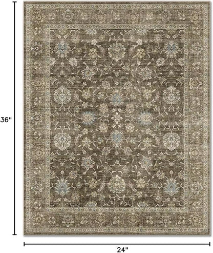 Washable 2x3 Entryway Rug, Boho Non-Slip Door Mat Vintage Distress Small Rugs for Kitchen Nursery Office Bedroom, 0.3" Neutral Oriental Throw Carpet with Cushioning Pad, Tan/Flaxen/Multi, E2