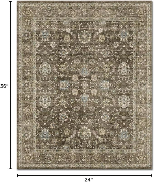 Washable 2x3 Entryway Rug, Boho Non-Slip Door Mat Vintage Distress Small Rugs for Kitchen Nursery Office Bedroom, 0.3" Neutral Oriental Throw Carpet with Cushioning Pad, Tan/Flaxen/Multi, E2