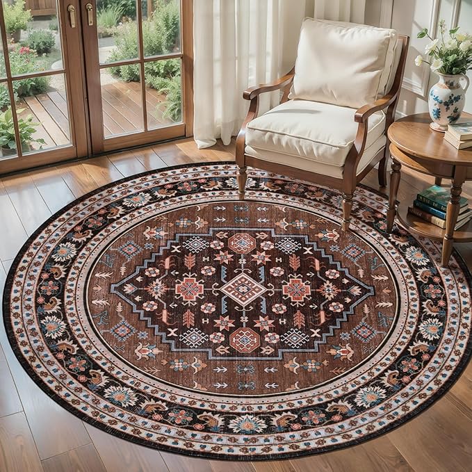 Tangsoo Vintage 4ft Round Area Rug,Washable Circle Rug Small Boho Round Rug Soft Brown Beige Low-Pile Circular Carpet for Bedroom Entryway Kids Room Office College Dorm Living Room