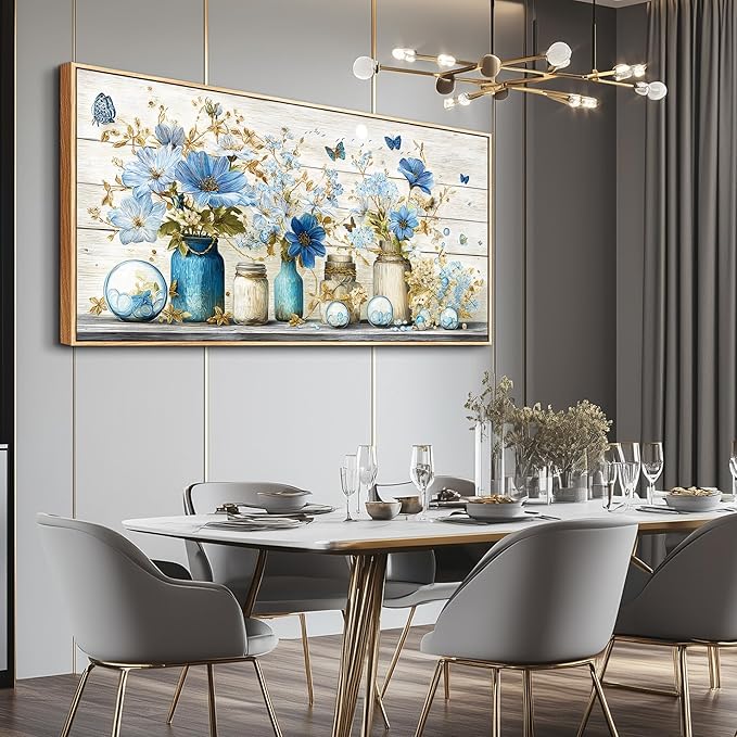 Wapluam Large Framed Wall Art,Retro Rustic Pictures Wall Decor,Floral Wall Art Bedroom,Blue Flowers Painting Prints,Farmhouse Canvas Artwork for Living Room Bathroom Kitchen Hallway Home Office 30x60