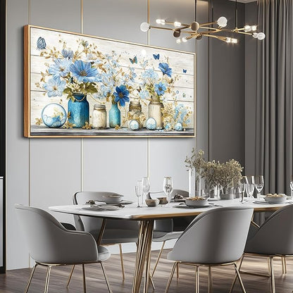 Wapluam Large Framed Wall Art,Retro Rustic Pictures Wall Decor,Floral Wall Art Bedroom,Blue Flowers Painting Prints,Farmhouse Canvas Artwork for Living Room Bathroom Kitchen Hallway Home Office 30x60