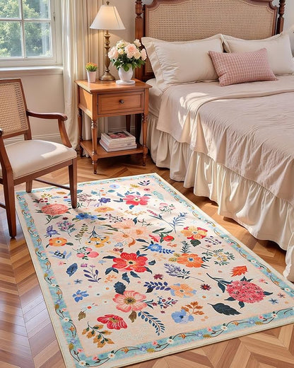 Macgace 3x5 Floral Rug for Girls Bedroom, Machine Washable Area Rugs with Non Slip Backingfor Living Room, Cute Flowers Carpet Kitchen Dining Room Kids Playroom Decor, Peach White