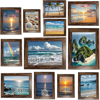 xnlkros 12 pack assorted gallery wall picture frame,rustic farmhouse wood picture frames multiple sizes including 4x6, 5x7, 8x10, 11x14, Ideal for living room hanging or tabletop display,Dark Brown