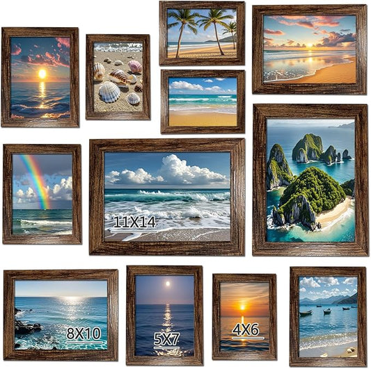 xnlkros 12 pack assorted gallery wall picture frame,rustic farmhouse wood picture frames multiple sizes including 4x6, 5x7, 8x10, 11x14, Ideal for living room hanging or tabletop display,Dark Brown
