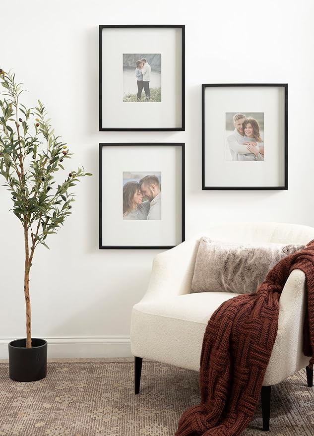 Kate and Laurel Gibson Modern Wall Picture Frame Set of 3; 16x20 matted to 8x10; Black; Three-Piece Frame Set for Gallery Wall Frame Set in Living Room Wall Décor