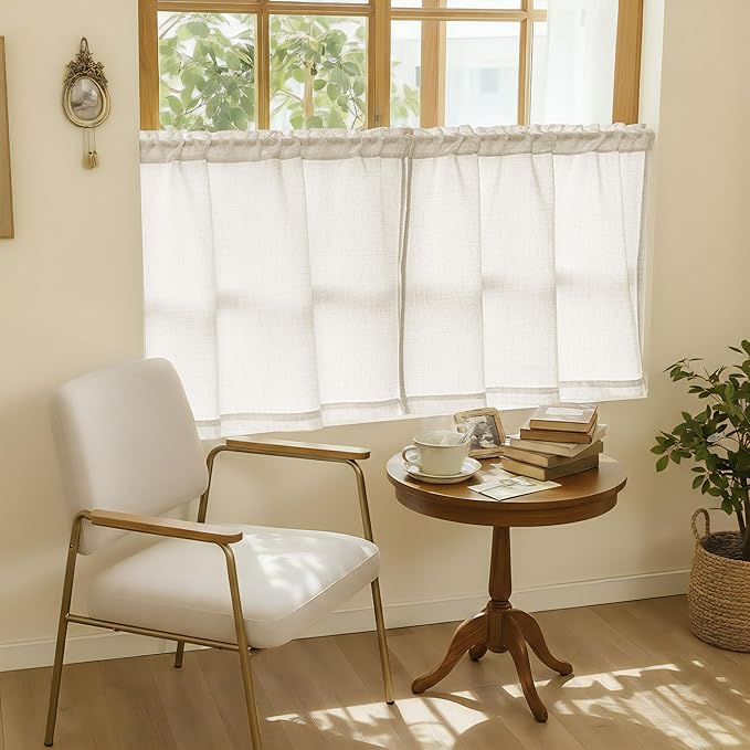 Natural Linen Kitchen Window Curtains Over Sink 36 Inch Length for Farmhouse Cafe Bathroom Small Window Drapes Cream Semi Sheer Light Filtering Privacy Small Curtains W34xL36