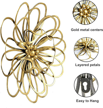 Remenna Metal Flowers Wall Decor, Metal Rustic Wall Art Decoration Farmhouse Wall Decorations Multiple Floral Hanging Decor for Bathroom Living Room Home Office Garden Kitchen 13inch (Rustic Gold)