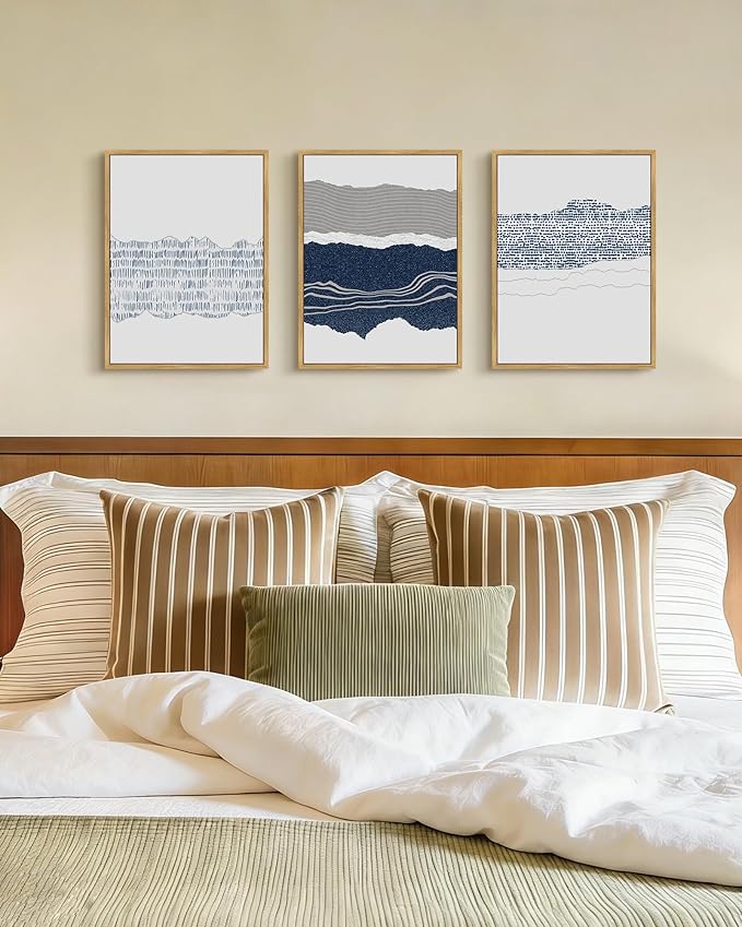 PHOPAGO Navy Blue Abstract Framed Wall Art Mid Century Minimalist Boho Wall Decor Modern Neutral Farmhouse Rustic Art Bedroom Living Decor - 11x14in Natural Framed