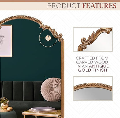 Wylde Iris English Estate Carved Arch Wood Wall Mirror, Mirror for Entryway, Living Room, Bathroom, Antique Gold, 22x30
