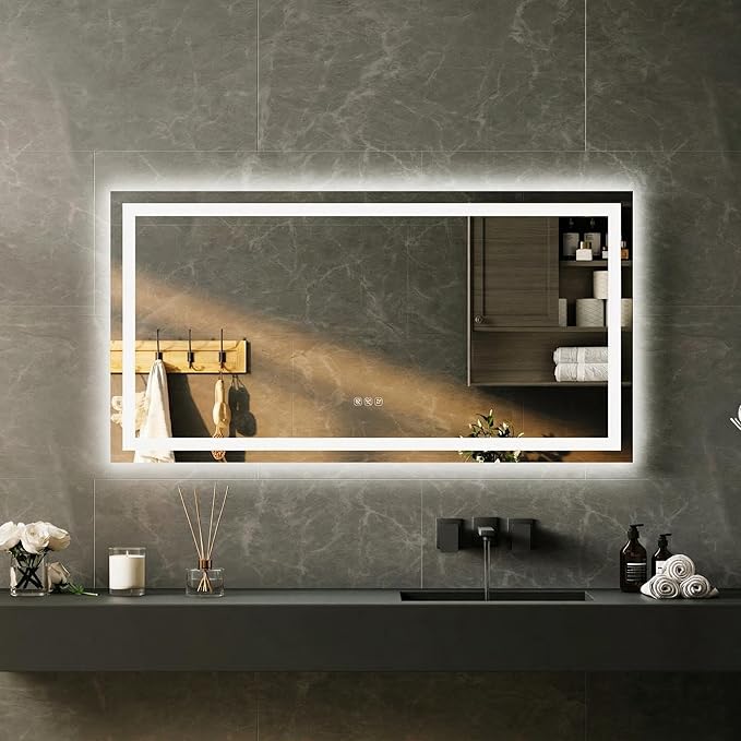 50x26 LED Bathroom Mirror with Lights, Frameless Wall Mounted Vanity Mirror with Front & Backlight, Dimmable Color Temperature, 5mm Copper-Glass, for Bathroom