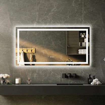 50x26 LED Bathroom Mirror with Lights, Frameless Wall Mounted Vanity Mirror with Front & Backlight, Dimmable Color Temperature, 5mm Copper-Glass, for Bathroom
