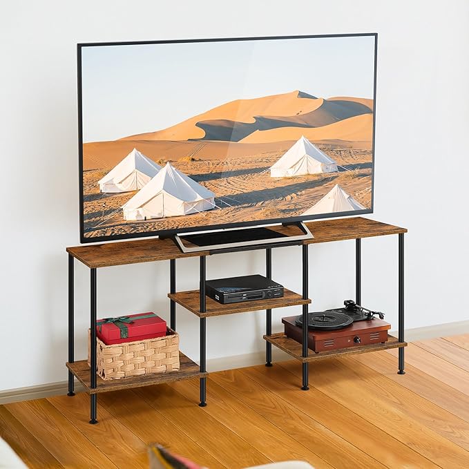 Industrial TV Stand with Storage for 50 inch TV Rustic TV Cabinet with Open Storage Shelf Small Entertainment Center Wood Console Table with Metal Round Tubes for Living Room Bedroom, Brown, 45 Inches