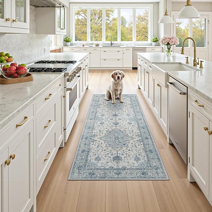 RELEANY Area Rugs 3'x7' Runner Rug Non Slip Washable for Kitchen Hallway Bedroom Beside Laundry Room Bathroom Rug, Floor Carpet, Light Blue Navy Beige Gray White