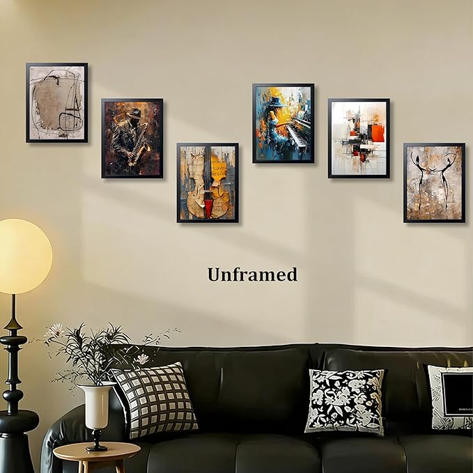 Modern Abstract Music Wall Art Set of 6, Unframed Canvas Posters Prints, Jazz Musician Piano Violin Abstract Painting Artwork, Contemporary Colorful Wall Decor for Living Room Bedroom Office 12x16 Inch