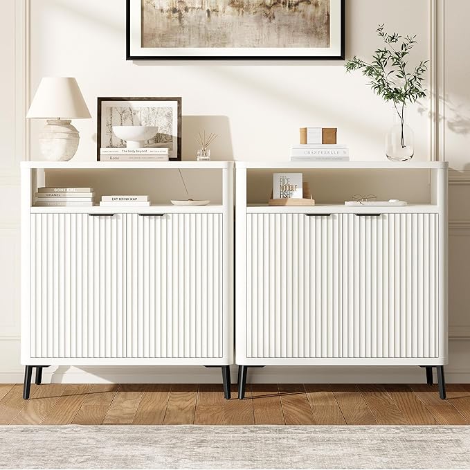 Fatmok Fluted Buffet Cabinet with Storage Set of 2, 31.4" Wide Wood Sideboard Credenza with 2 Doors & Open Storage Shelf, Modern Coffee Bar Table for Living Room Kitchen Dining Room,White