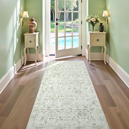 Sage 3x7 Runner Rug for Hallways Bed Side Kitchen, Boho Washable Distressed Low-Pile Floor Entryway Long Bathroom Mat, Non-Slip Laundry Room Washstand Front Carpet Green 36x84 Inch