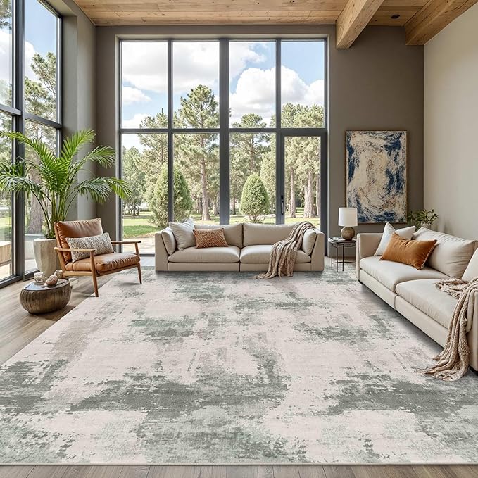 9x12 Area Rug for Living Room, Large Washable Rug, Soft Neutral Abstract Rug for Bedroom, Office, Farmhouse, Low Pile Imitation Wool Non Slip Carpet Ideal for High-Traffic Areas, Green Grey