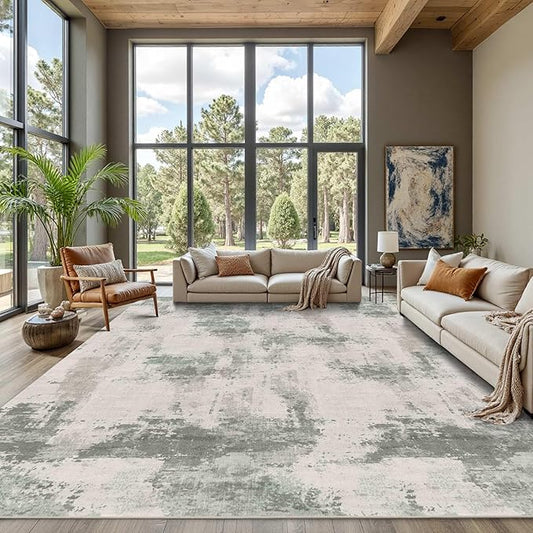 9x12 Area Rug for Living Room, Large Washable Rug, Soft Neutral Abstract Rug for Bedroom, Office, Farmhouse, Low Pile Imitation Wool Non Slip Carpet Ideal for High-Traffic Areas, Green Grey
