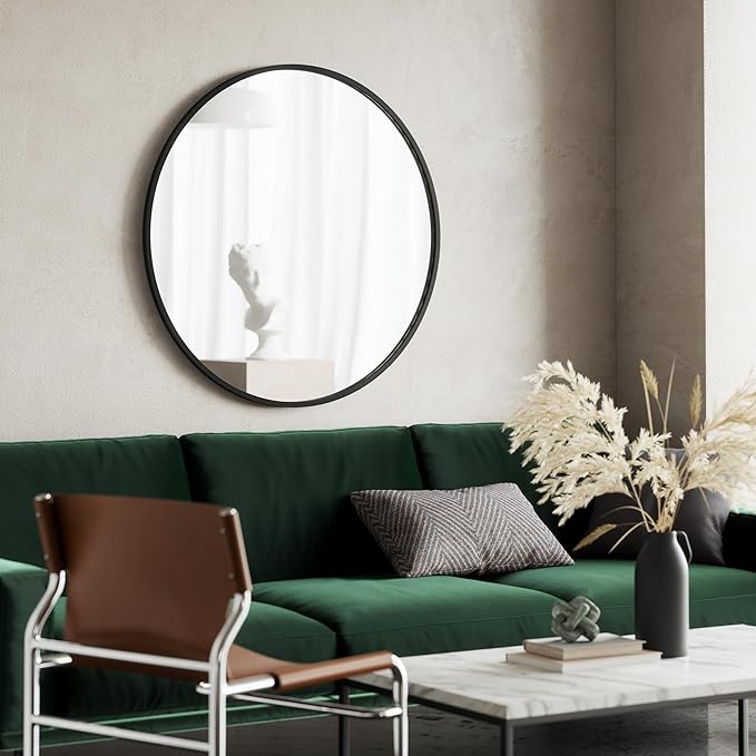 Umbra Hub Round Wall Mirror with Rubber Frame, Modern Style for Bathroom, Entryway, Living Room and More, 37-Inch, Black