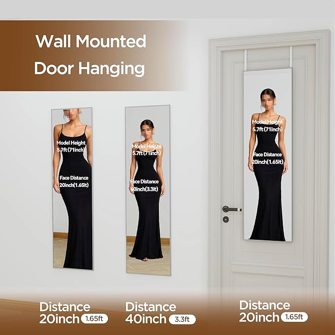 NARCISSUS 47x14 Mirror Door Hanging Full Length,Over Door or Wall Mounted Aluminum Alloy Frame Tempered Glass Rectangle Full Body Mirrors for Bedroom Dressing Living Room Bathroom 47 inch Silver