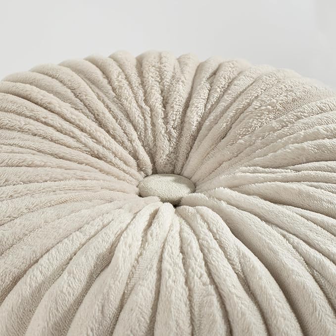 HIG Decorative Round Throw Pillows for Bed Couch -Set of 2 Handcraft Ruched Pumpkin Pillow, Soft and Durable Flannel Floor Pillow for Home Decor, Bed Living Room and Sofa (Beige,14.5"x14.5")