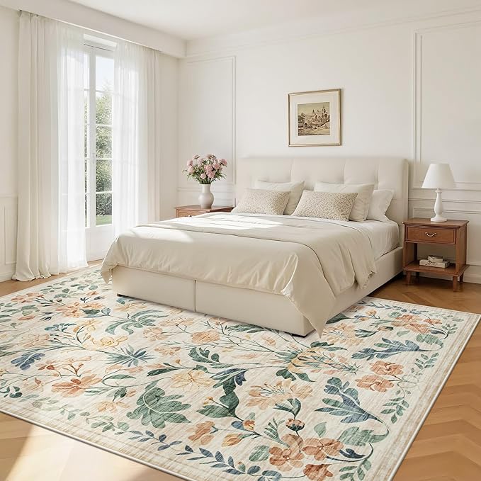 6x9 Area Rugs Washable Rug: Lagre Boho Living Room Rug Soft Non-Slip Thin Carpet Indoor Floor Non-Shedding Neutral Floral Carpets for Bedroom Dining Room Farmhouse Nursery Beige