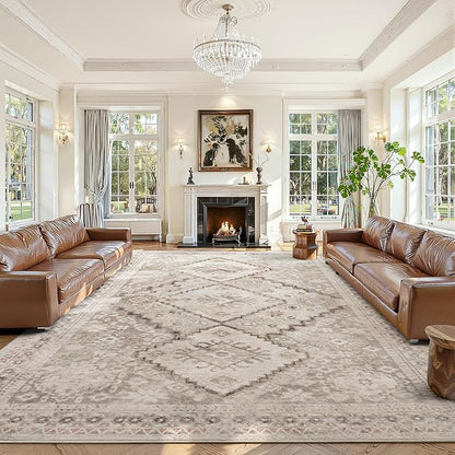 YOH Boho Washable Rug 9x12, Beige Grey Vintage Non Slip Area Rug, Distressed Indoor Carpet for Living Room Bedroom Kitchen Office