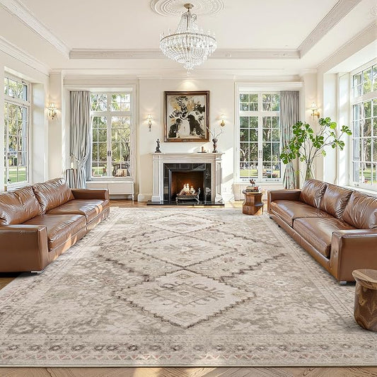 YOH Boho Washable Rug 9x12, Beige Grey Vintage Non Slip Area Rug, Distressed Indoor Carpet for Living Room Bedroom Kitchen Office
