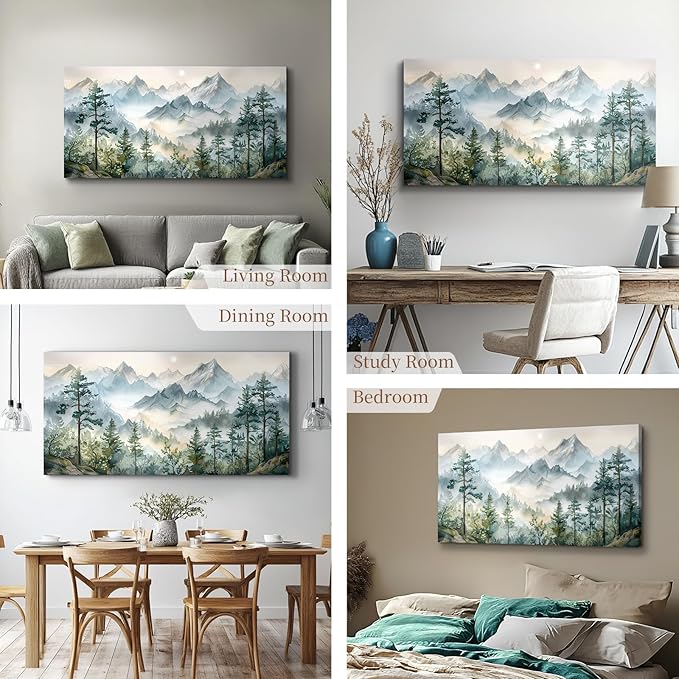 SERIMINO Large Canvas Wall Art for Living Room, Mountain Forest Landscape Canvas Prints Paintings, Nature Scenery Wall Decor, Green Modern Home Bedroom Bathroom Pictures Home Decor 24"X48"