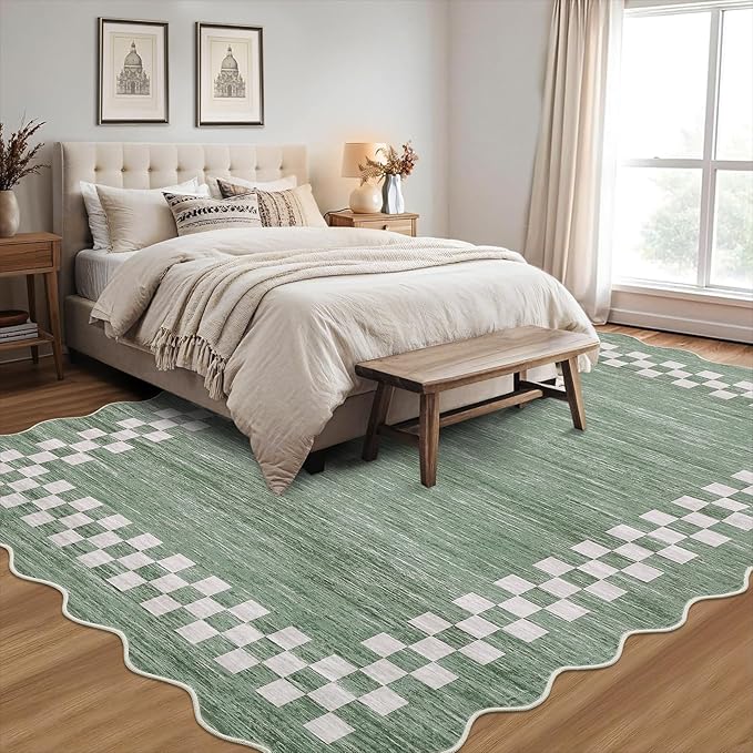 Small Bedroom Area Rug 3x5 Checkered Area Rug for Living Room Nursery Non Slip Kitchen Throw Carpet Low Pile Modern Bordered Rugs Washable Bathroom Mat Soft Brown Rugs for Laundry Entryway, Green