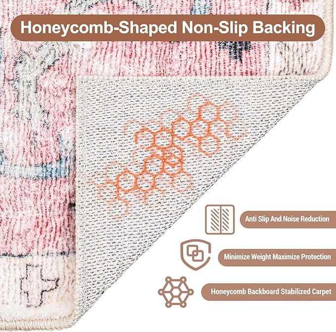 Sofrug Area Rug 5x7 - Vintage Honeycomb Non Slip Backing Carpet - Ocean Pink Mixed Softer Thicker Faux Wool Rug - Foldable & Machine Washable Rugs for Living Room Bedroom Dining Room Home Office
