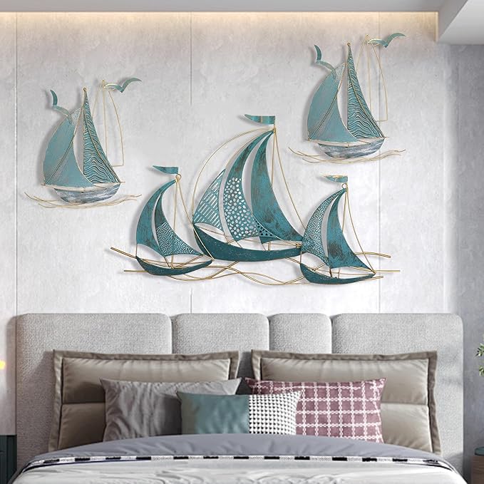 Set of three sailboats Metal Wall Art Large Metal Sailboat Wall Decor, Metal Ship Wall Decorations, Large Metal Ship Wall Decor for Living Room, Bedroom, Modern Home Wall Sculpture for Office, Bedroom