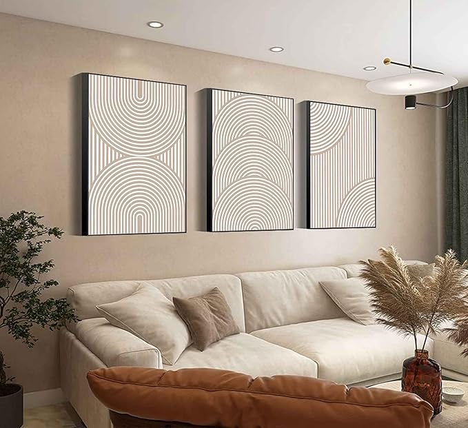 3Pcs Beige Neutral Wall Art Boho Minimalist Line Canvas Paintings Abstract Beige and White Line Wall Decor Mid Century Geometric Posters Prints for Living Room Bedroom Office Art Pictures Unframed
