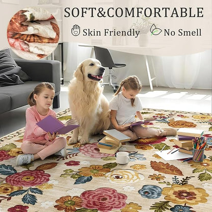 4x6 Machine Washable Area Rug for Living Room, Beige Vintage Boho Floral Rug Large Non-Slip Low Pile Soft Faux Wool Carpet, Kids and Pets Friendly for Bedroom Dining Room Farmhouse Home Decor Rug