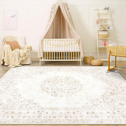 Area Rug 4x6 Vintage Rug: Washable Indoor Medallion Rugs Low Pile Distressed Floor Carpet Retro Accent Rug for Living Room Bedroom Kitchen Dining Table Home Office(Distressed Beige, 4'x6')