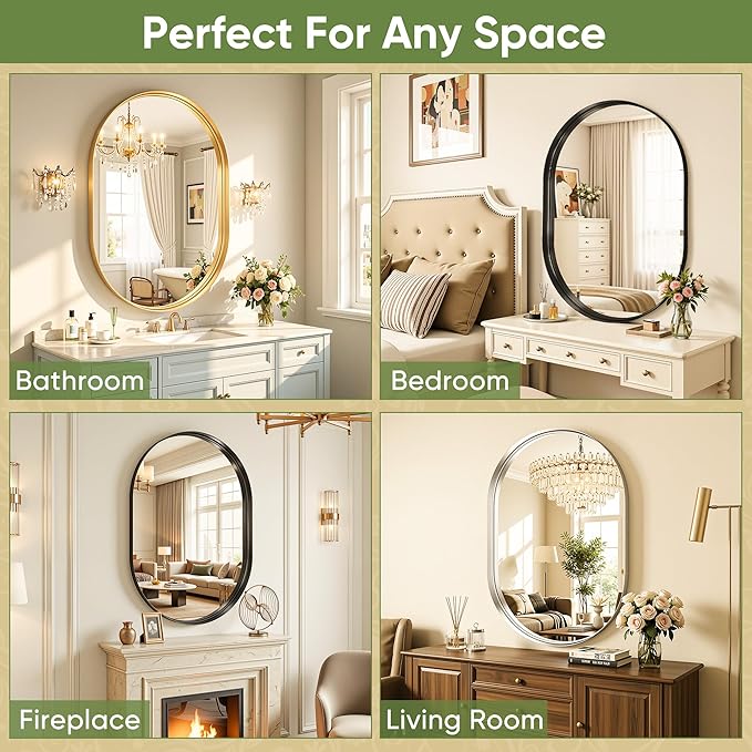 Oval Bathroom Mirror, 24x36 Inch Black Oval Wall Mirror with Metal Deep Frame, Mirrors for Wall Decor, Vanity, Entryway, Living Room, Horizontally/Vertically