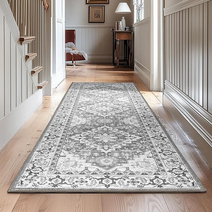 Lessymo 2 x 6 Runner Rug for Hallway, Machine Washable Entryway Rugs Boho Faux Wool Low Pile Long Rug for Bedroom, Floral Medallion Vintage Rugs with Non-Slip Rubber,Grey Beige