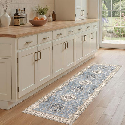 EIEIHOUSE Washable 2x6 Runner Rug - Area Rugs Neutral Vintage Distressed Floral Farmhouse Boho Large Soft Floor Rug Indoor Carpet for Hallway Entryway Bedroom Kitchen - Blue