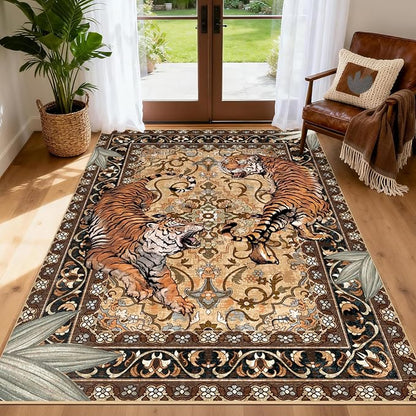 Tiger Washable Area Rugs for Living Room 4x6Ft, Boho Jungle Bedroom Rugs, Thin Botanical Entryway Nursery Area Floor Carpets for Dorm Dining Room Kids Playroom Study Farmhouse, Camel/Coffee