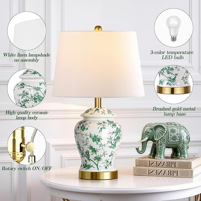 QiMH Chinoiserie Ceramic Table Lamps Set of 2 for Living Room, Vintage Traditional Bedside Lamps for Nightstands, 22" Large Green and White Table Lamp for Bedroom Cottage, Gold(LED Bulbs Included)
