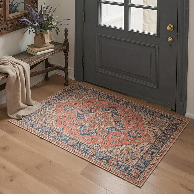 GENIMO 8x10 Area Rugs for Living Room, Machine Washable Rug, Non Slip Indoor Vintage Carpet, Low Pile Lightweight Chenille Print Carpet for Bedroom Dining Room Home Office, Dusty Terracotta