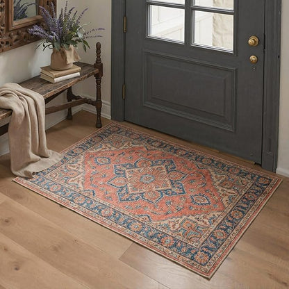 GENIMO 8x10 Area Rugs for Living Room, Machine Washable Rug, Non Slip Indoor Vintage Carpet, Low Pile Lightweight Chenille Print Carpet for Bedroom Dining Room Home Office, Dusty Terracotta