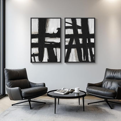 Large Framed Black and White Abstract Wall Art for Living Room, 2 Piece Modern Canvas Prints Wall Paintings Artwork for Walls, Minimalist Black Lines Pictures for Hallway Office Wall Decor 24x36 In