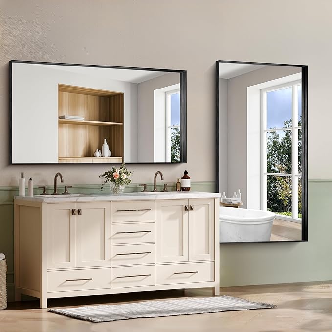 CIRCUMI Black Bathroom Mirror, 30"x60" Rectangular Mirror with Deep Metal Frame, Brushed Finish, Tempered Glass, Large Mirror for Wall, Over 2 Sinks, Installed Vertically/Horizontally, Crystal-Clear
