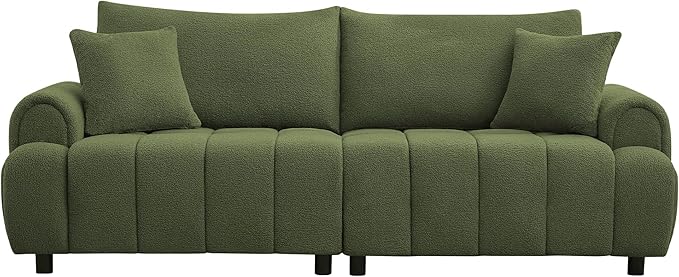 88 "Modern Boucle Sofa Couch, Oversized Comfy 3 Seater Sherpa Curved Sofas Deep Seat, Upholstered Loveseat Teddy Round Arm Couches for Living Room, Bedroom, Green