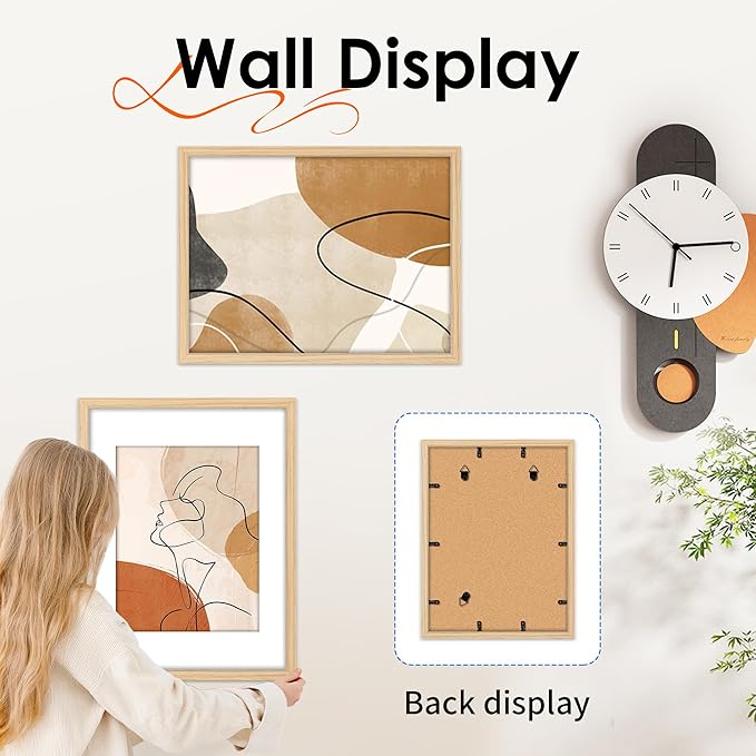 FIXSMITH 12x16 Picture Frame Natural Set of 2, Photo Frame with HD Plexiglass, Display Pictures 8.5x11 with Mat or 11x17 Without Mat, Natural Picture Frames Collage Wall Decor, Gallary Wall Frame