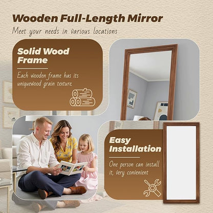 Antok Full Length Mirror with Solid Wood Frame, 71"×32" Wall Mounted Oversized Floor Mirror with Stand, Leaning Standing Hanging for Bedroom Living Room Entryway, Brown, Rect Style